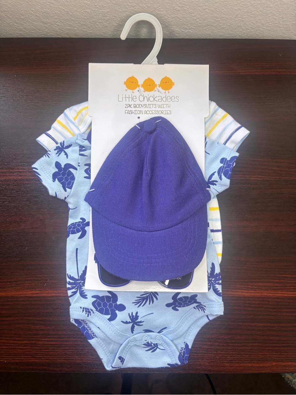 NWT Little Chickadees 0-3 Baby Boy 2-Pack Onesie’s w/Hat & Sunglasses Set